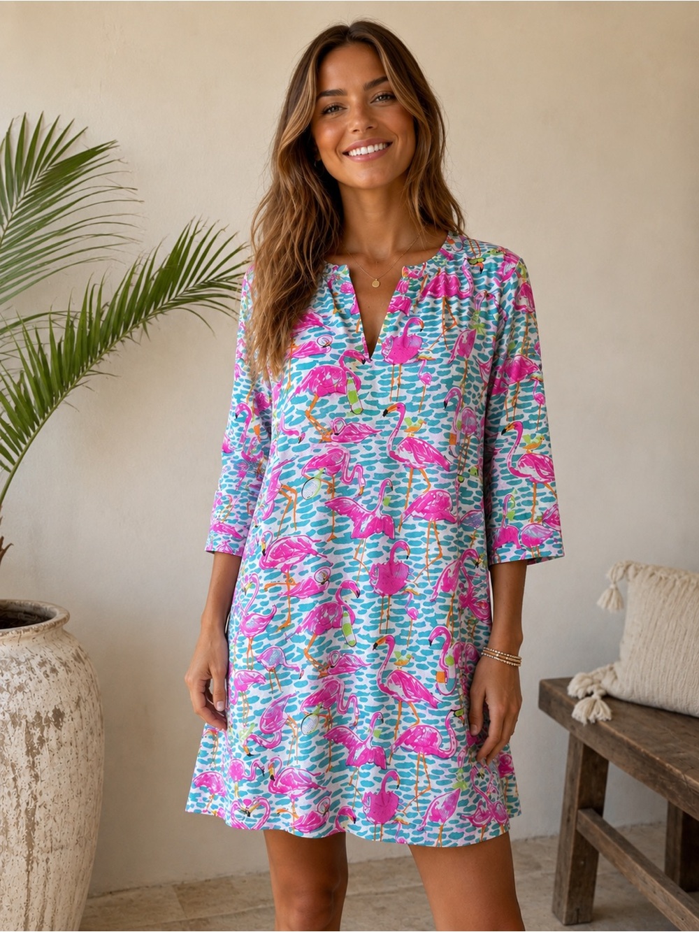 Gretchen Scott Cotton Tunic Beach Cover Up Pink Flamingos